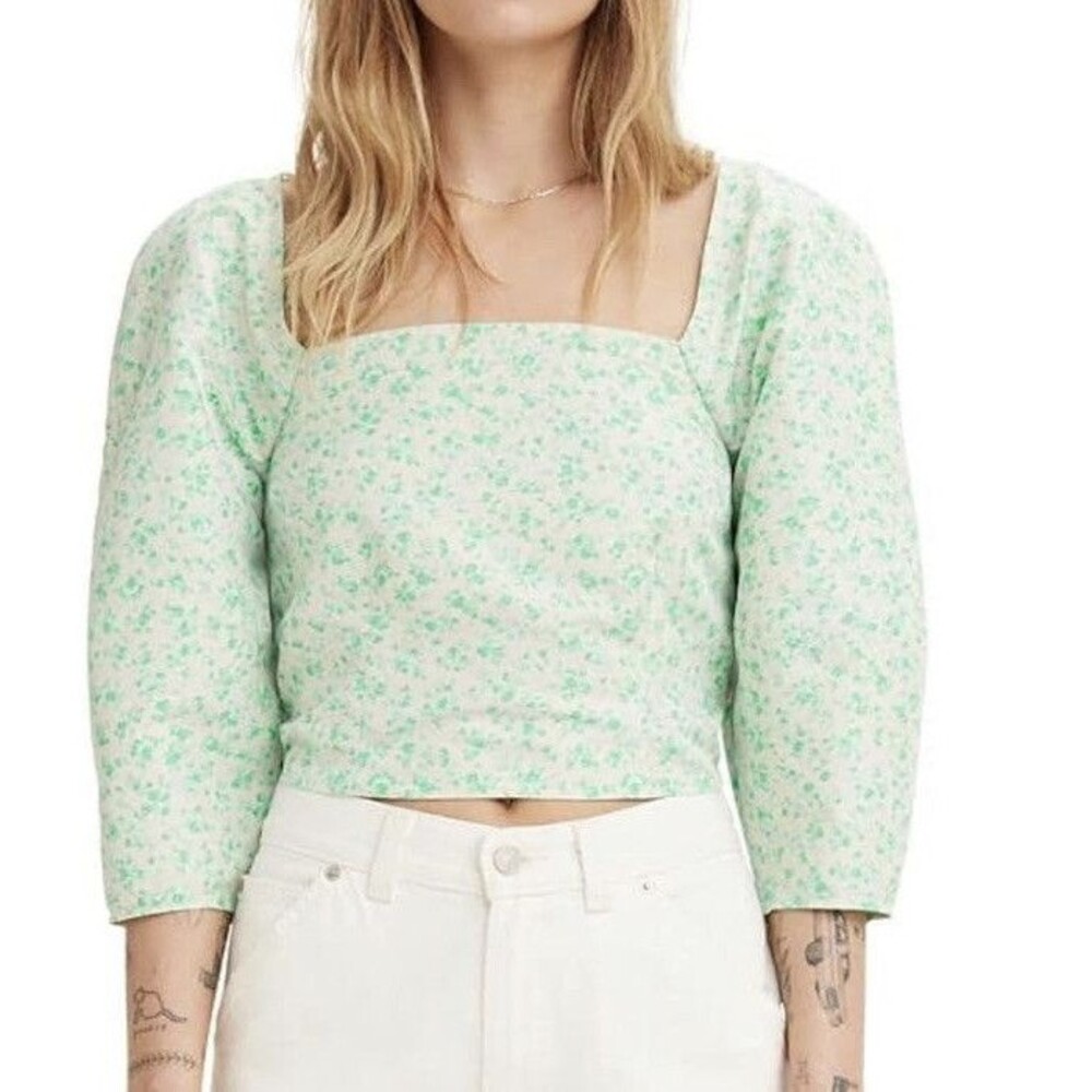 NWT Levi's Women's Long Sleeve Yvie Blouse Green White Sz L Shirred Back Prairie